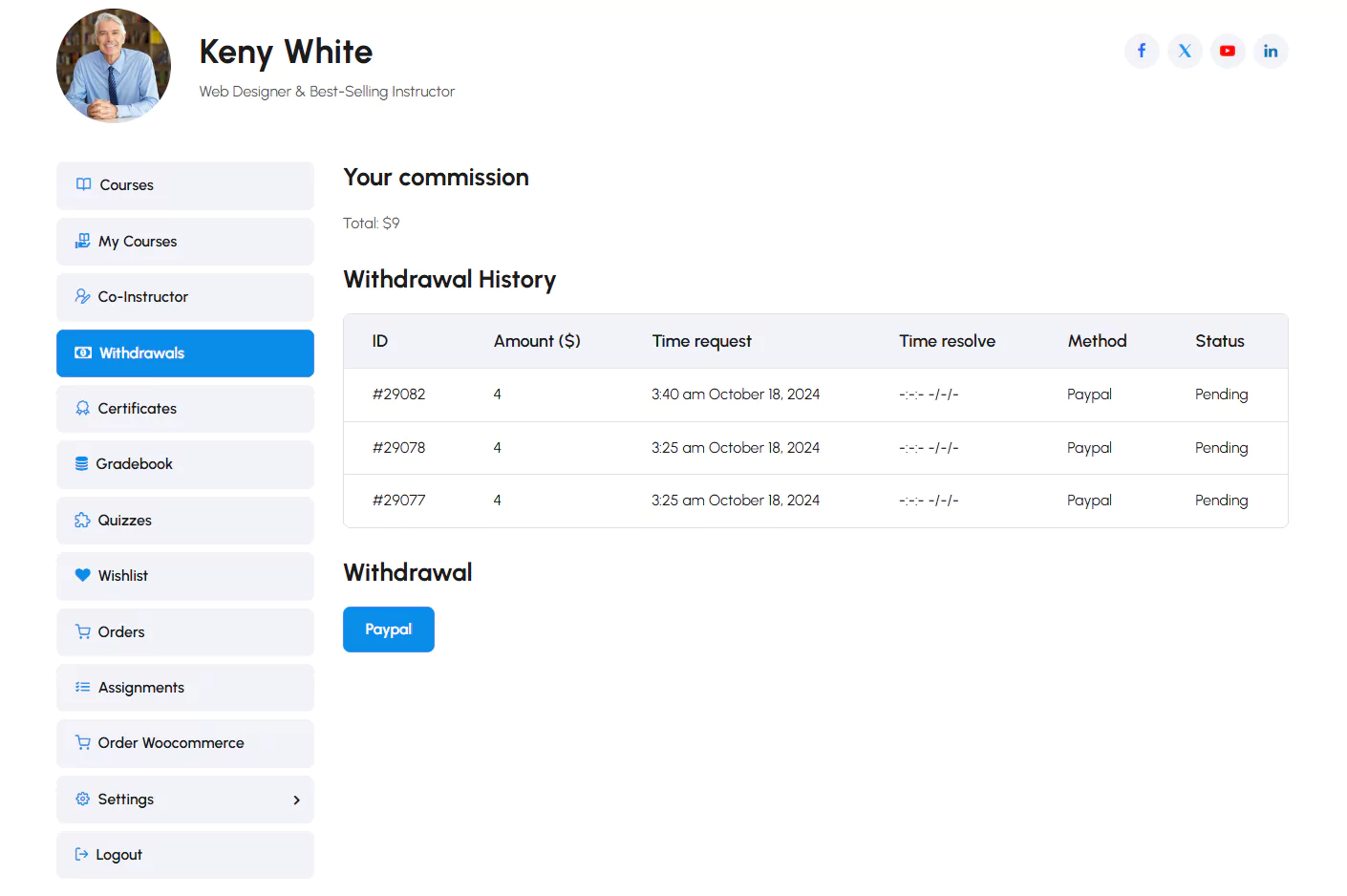 Withdrawal Layout on Eduma Online Learning