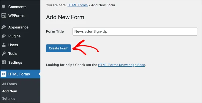 WP Admin Area HTML Forms Add New Create Form Newsletter Signup