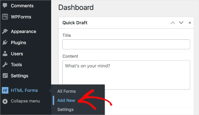 WP Admin Area HTML Forms Add New