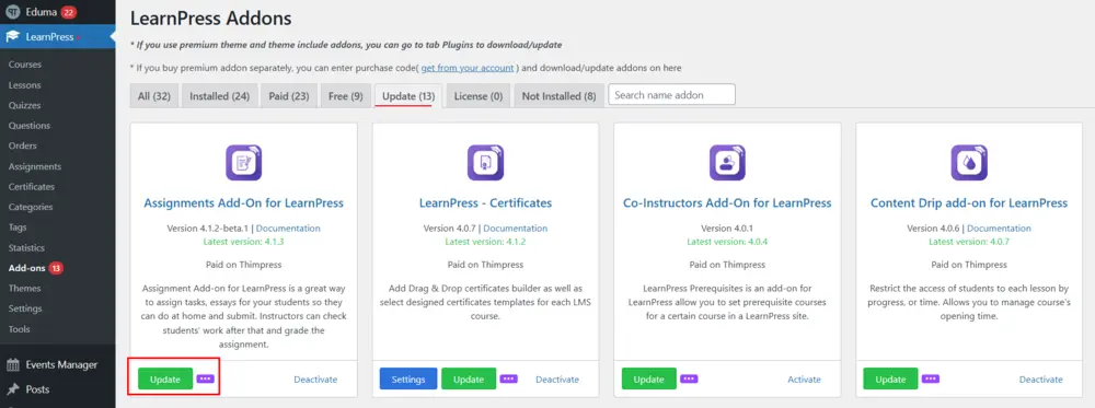 LearnPress Update Button Backend