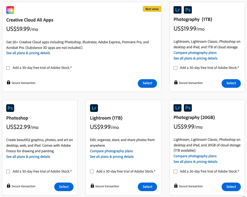 Photoshop Pricing Plans