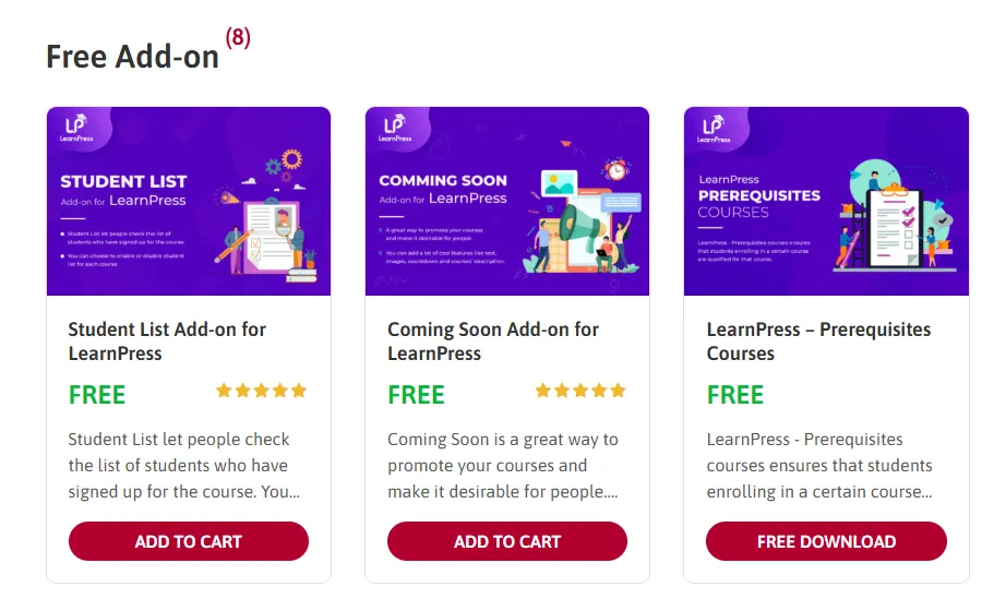 All Features and LearnPress Add-ons in Eduma Themes 5 LearnPress Free Add-ons