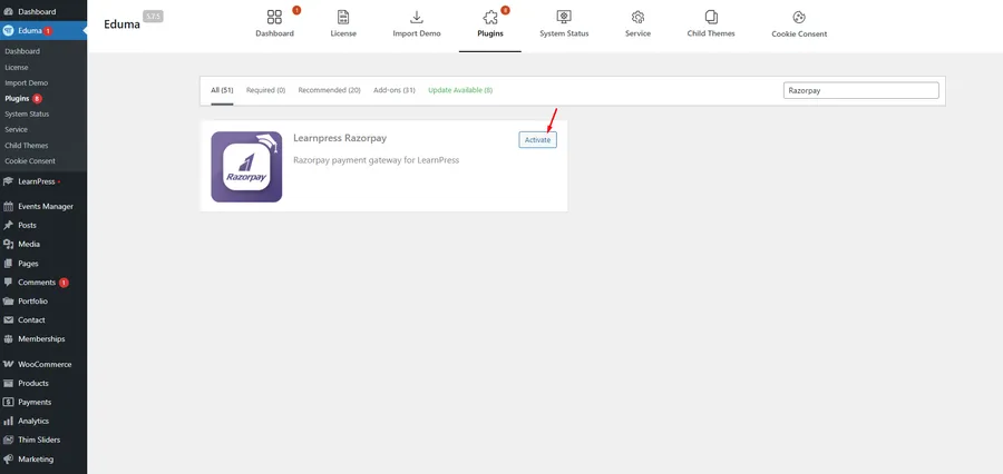 How To Use Razorpay in Eduma? 7 Activate LearnPress Razorpay
