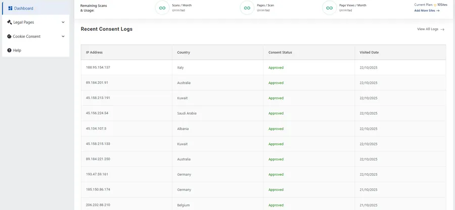 WPLP Compliance Platform Review: An All-in-One Privacy Solution for WordPress 26 b9 consent logs