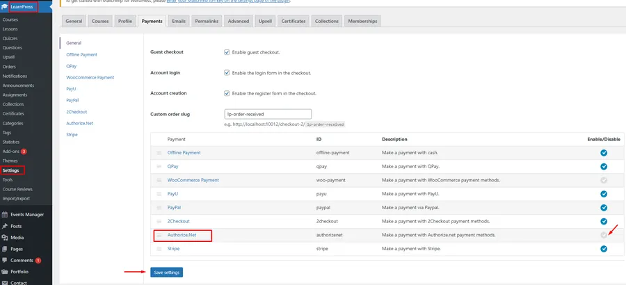 How To Use Authorize.net in Eduma? 9 Enable Authorize.net