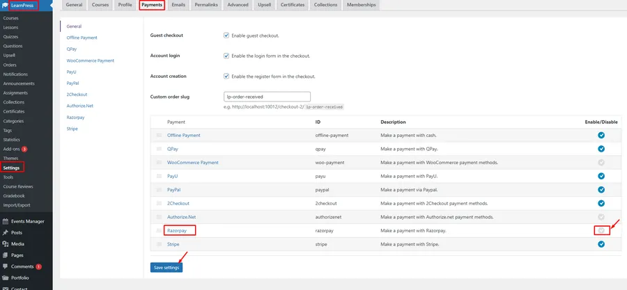 How To Use Razorpay in Eduma? 9 Enable Razorpay