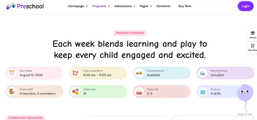 New Eduma PreSchool Prebuilt Website – Kindergarten WordPress Theme 11 Program Page