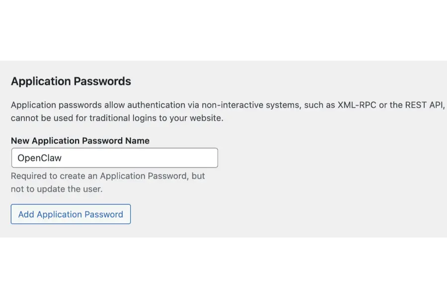 How to set up OpenClaw for WordPress? 8 application passwords section