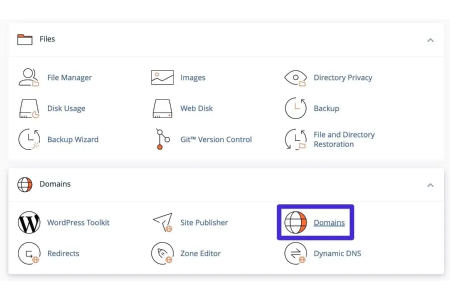 Scroll down to the Domains section and click on the Domains icon
