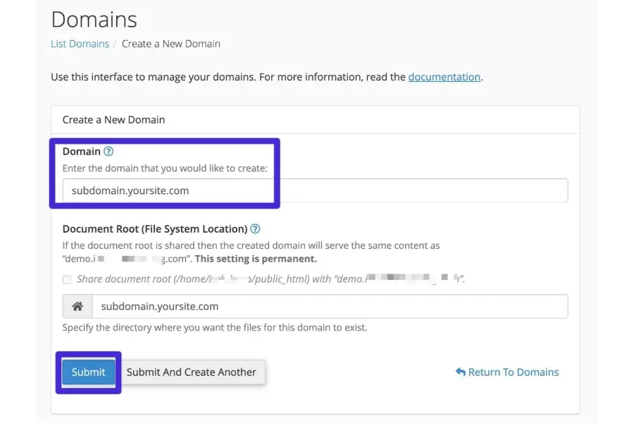Click the prominent button labeled Create A New Domain