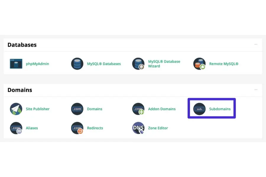 Locate the Domains section and click on the specific Subdomains icon