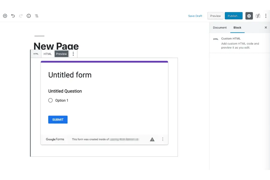 Preview of your Google Form embedded in the Block Editor