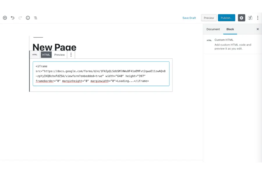 Add the embed code in the Block Editor