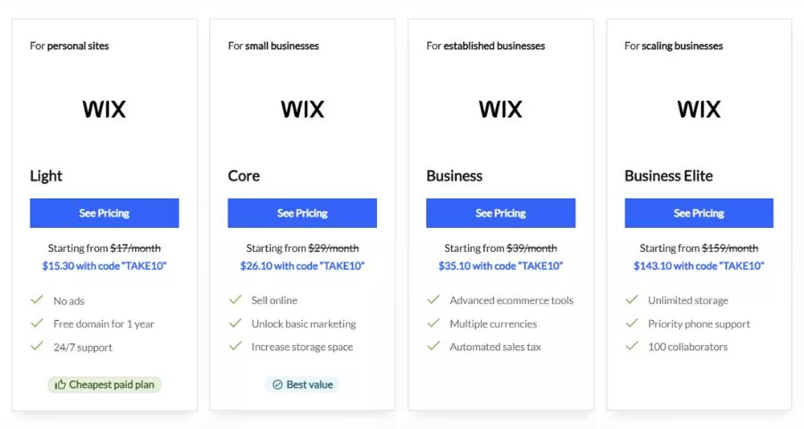 5 Best Affordable Website Design Packages for Small Business 6 Wix Core plan